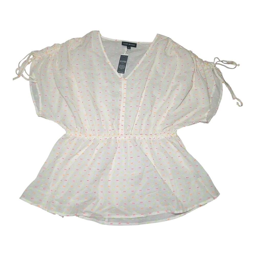 Lane Bryant Women’s 10/12 White Sheer Peasant Blouse Neon Dot‎ Tie Sleeve V-Neck